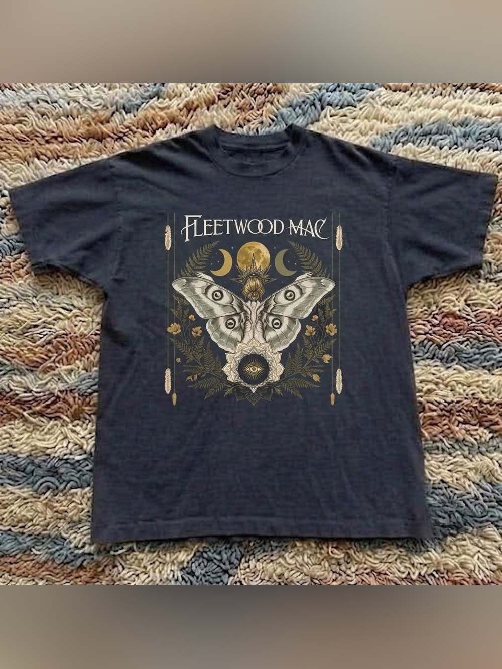 Vintage Black Fleetwood Mac Moth Graphic Tee with Gold and Cream Accents
